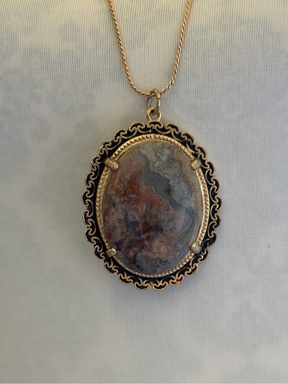 Jasper Agate Stone Pendant Gold Tone Vintage Style - Picture 3 of 8